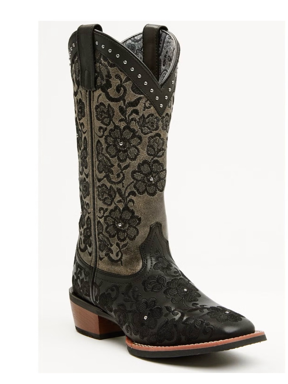 Laredo Black and Taupe Floral Embroidered Western Knee Boot with Stud Trim
